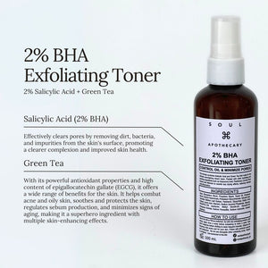 Soul Apothecary 2% BHA Exfoliating Toner bottle with product details on a white background