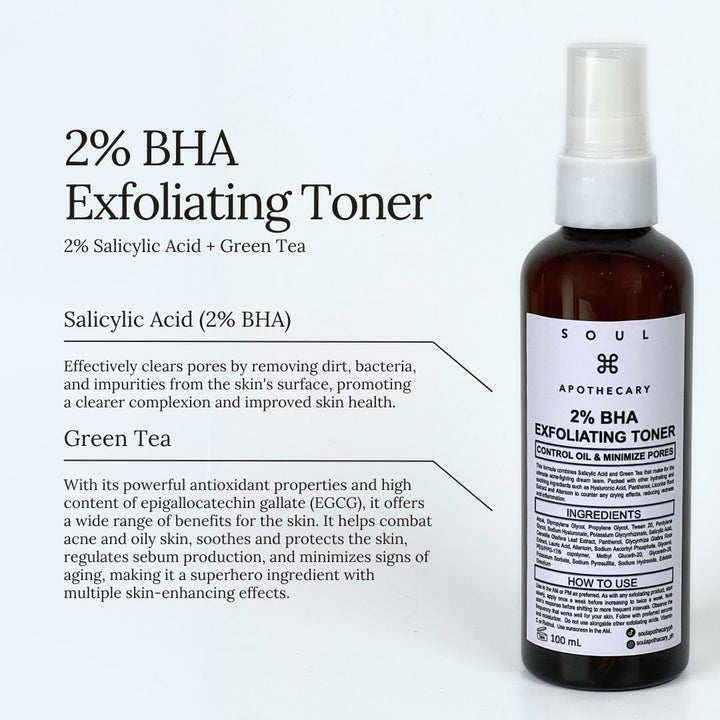 Soul Apothecary 2% BHA Exfoliating Toner bottle with product details on a white background